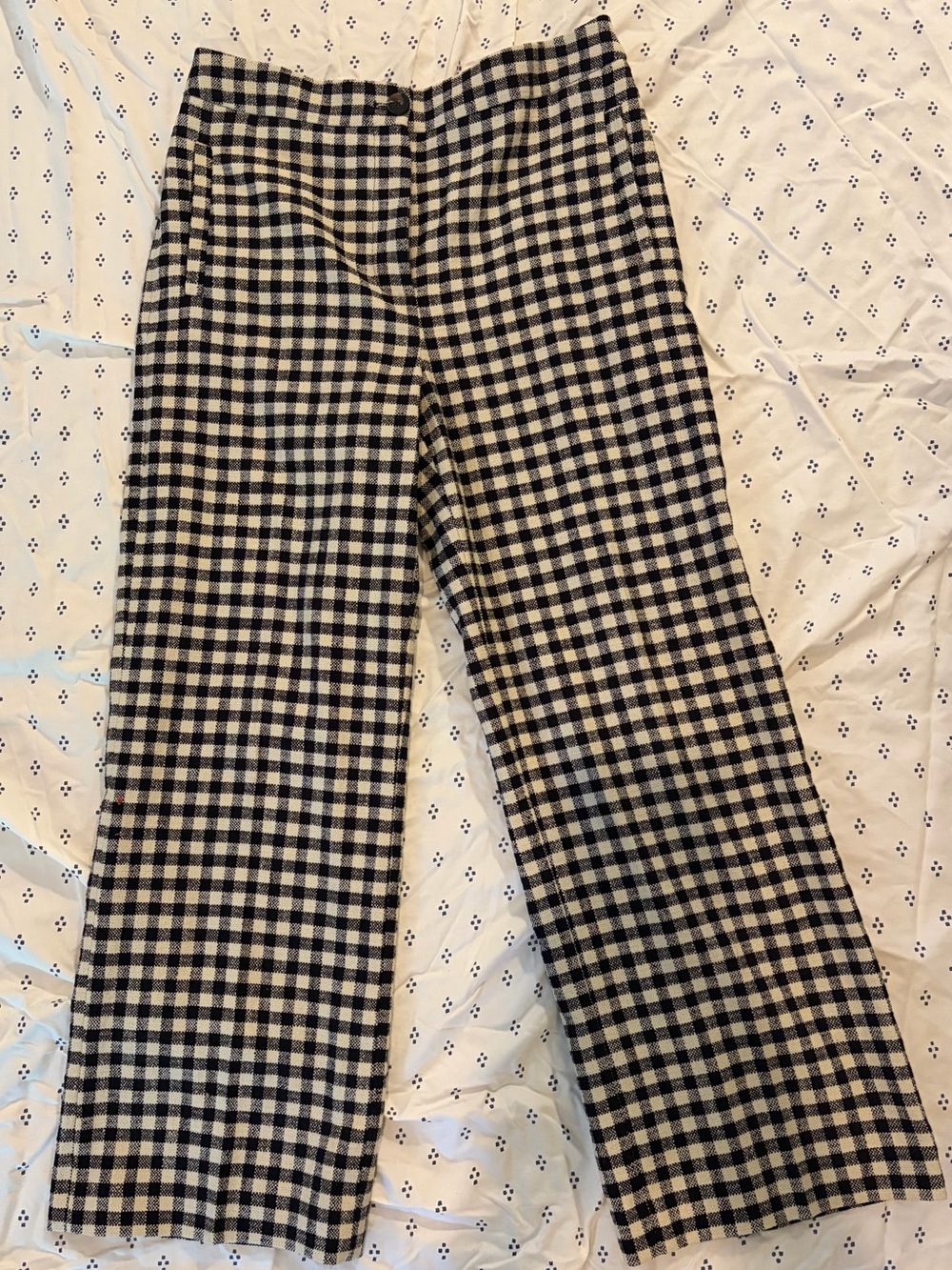 Sezane Wool Black and Cream Gingham Wide-Leg Cropped Pants